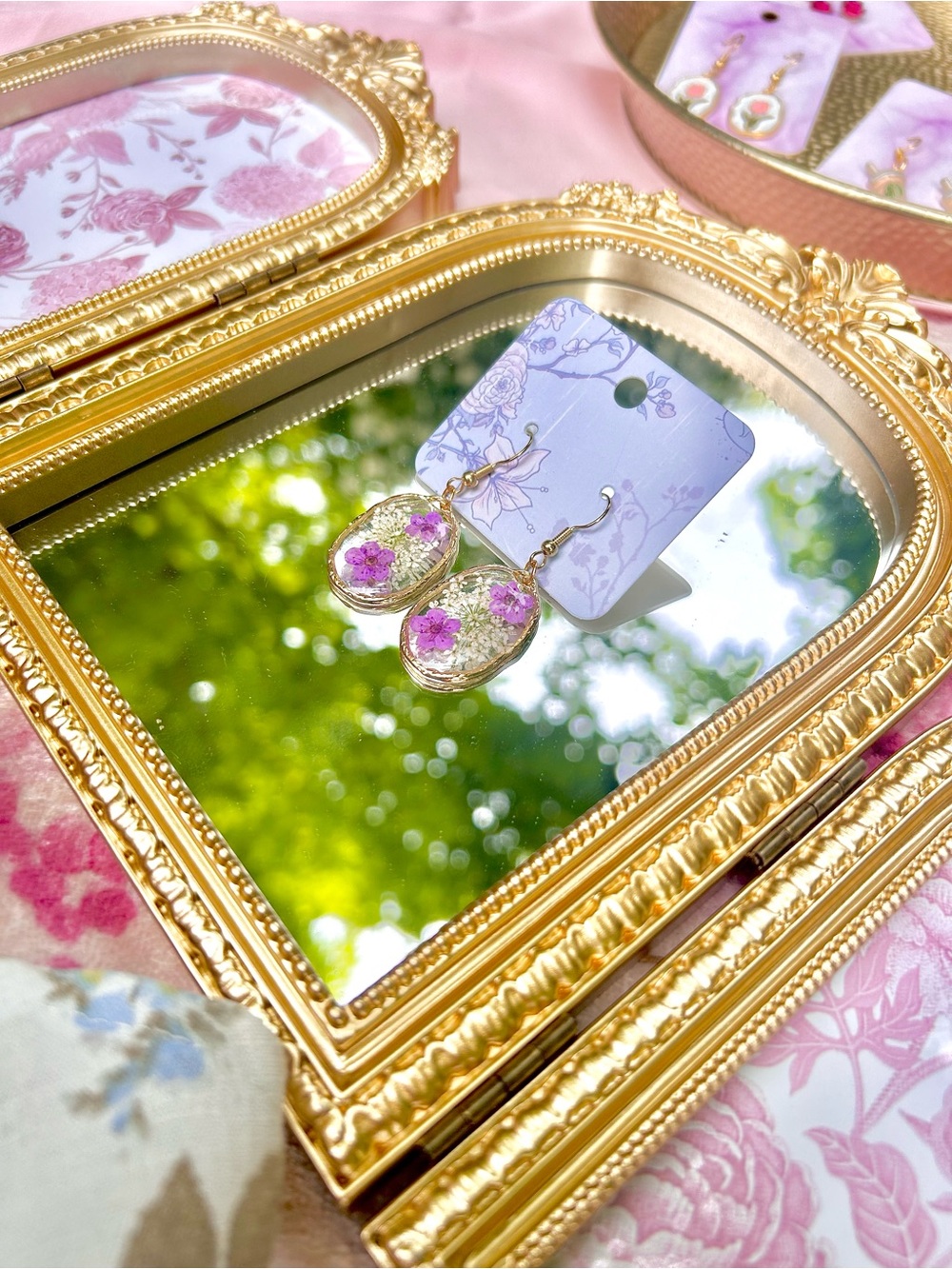 Gold Resin Drop Earrings with Pink Floral Inlay